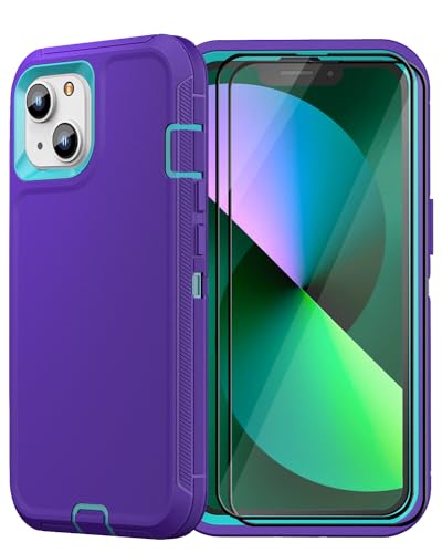 iPhone 13& iPhone 14 Heavy-Duty Case, Military-Grade Shockproof Protection, Includes 2 Tempered Glass Screen Protectors - Purple Blue - color: Purple Blue