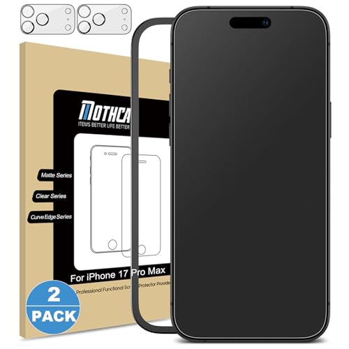 Mothca 2 Pack Matte Glass Screen Protector for iPhone 17 Pro Max[6.9 inch] + 2 Pack Camera Lens Protector, Anti-Glare & Anti-Fingerprint (Not Privacy Film) Tempered Glass, Bubble Free, Smooth as Silk - size: iPhone 17 Pro Max-6.9 Inch