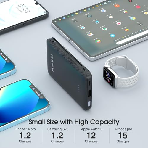 Slim Portable Charger 5000mAh - Compact Mini Small Power Bank Built-in Cable Cute Mobile Cell Phone External Battery Pack 5V 2.1A USB-C Compatible with iPhones 6/7/8/X/XS/XR/11/12/13/14 Airpods