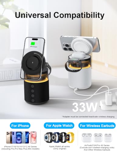 5-in-1 Magnetic Wireless Charging Station for Apple Device, Portable Bluetooth Speaker with Adjustable Night Light, 33W Fast Charger Stand for iPhone 17/16/15/14/13 Pro Max, Apple Watch, AirPods - color: White