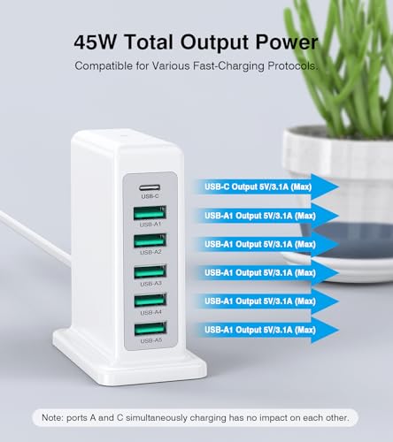USB Charger Block, 45W Max 6-Port USB Charging Station for Multiple Devices