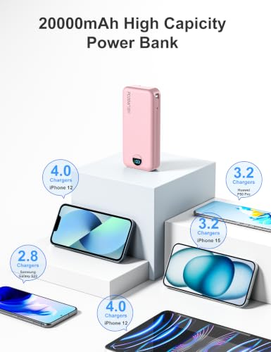 Portable Charger Power Bank 20000mAh with Built in Cables & Wall Plug - color: Pink