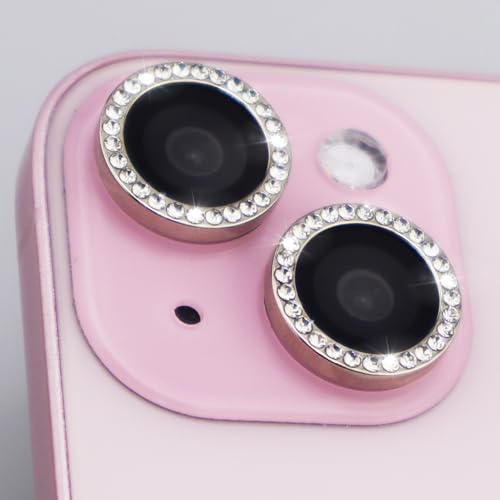 Camera Lens Protector for iPhone 15/15 Plus/14/14 Plus Bling Diamond Metal Ring Rhinestone Tempered Glass Lens Cover Accessories (Silver) - color: Silver