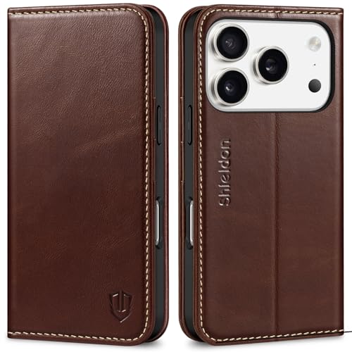 SHIELDON Genunine Leather Case Wallet for iPhone 17 Pro 6.3", Retro Coffee | Flip Magnetic Cover, Kickstand, RFID Blocking, 3 Credit Card Holder, Book Design, Shockproof, Soft Inner Phone Case - color: Retro Coffee