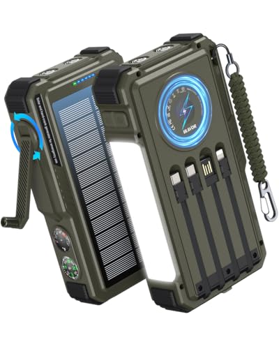 BLAVOR Solar Power Bank with Hand Crank and Built-in 4 Cables 20000mAh - color: Green
