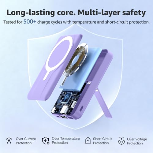 Azmuth for MagSafe Portable Charger, 10000mAh Magnetic Power Bank 20W PD | Fast Charging,Wireless Battery Pack with LED Display & Stand,Travel Essentials,for iPhone 17/16/15/14/13/12 Series - color: Purple
