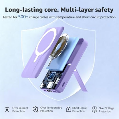 Azmuth for MagSafe Portable Charger, 10000mAh Magnetic Power Bank 20W PD | Fast Charging,Wireless Battery Pack with LED Display & Stand,Travel Essentials,for iPhone 17/16/15/14/13/12 Series - color: Purple