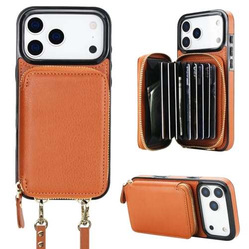 Bocasal Multi-Slot Crossbody Wallet Case for iPhone 17 Pro Max, Brown | RFID Blocking PU Leather Purse Case with Card Holder, Handbag Flip Cover with Zipper Wrist Strap Lanyard for Women 6.9 Inch - color: Brown