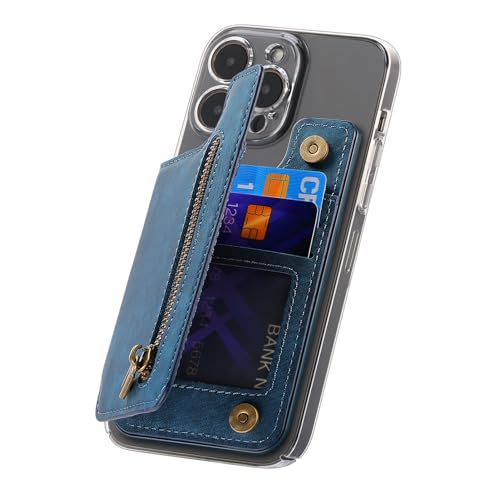 Wallet Stick on Phone Case, Credit Card Holder for Back of Phone Cases Retro Flip Leather Zipper Sleeve Pouch Compatible with iPhone, Samsung Galaxy Android Most Smartphones Blue - color: Blue