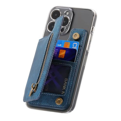 Wallet Stick on Phone Case, Credit Card Holder for Back of Phone Cases Retro Flip Leather Zipper Sleeve Pouch Compatible with iPhone, Samsung Galaxy Android Most Smartphones Blue - color: Blue