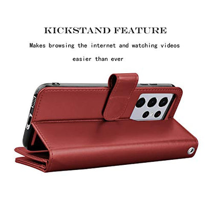Njjex Wallet Case for Samsung Galaxy S21 Ultra 5G, For Galaxy S21 Ultra Case 6.8", [9 Card Slots] PU Leather ID Credit Holder Folio Flip [Detachable] Kickstand Magnetic Phone Cover & Lanyard -Wine Red - color: Wine Red