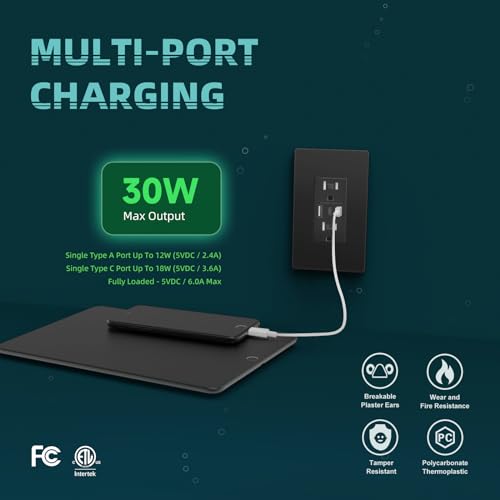 TOPELER 6.0A USB C Wall Outlet, 15A TR Receptacle with USB-C/A Ports, Balck - color: Black, size: 15A