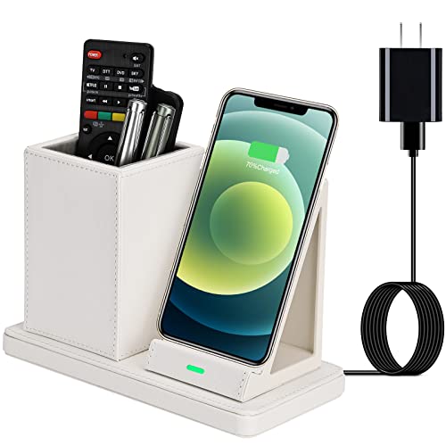 Wireless Charger with Desk Organizer, Wireless Charging Station for iPhone 14/14 Pro/13/12/11/Samsung Galaxy S23/S22/S21/S20/Note 20/Note 10, Charging Stand with Leather, White - color: White