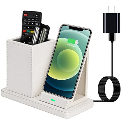 Wireless Charger with Desk Organizer, Wireless Charging Station for iPhone 14/14 Pro/13/12/11/Samsung Galaxy S23/S22/S21/S20/Note 20/Note 10, Charging Stand with Leather, White - color: White