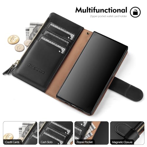 Shieldtop Compatible with Samsung Galaxy S23 Ultra 5G Wallet Case with Card Holder,Women Men RFID Blocking PU Leather Phone Case Flip Protective Cover Wrist Strap Zipper Credit Card Slots,Black - color: Black, size: Galaxy S23 Ultra - 6.8"