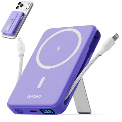 Magnetic Portable Charger 10000mAh, 22.5W Power Bank with Built in Cable - color: purple