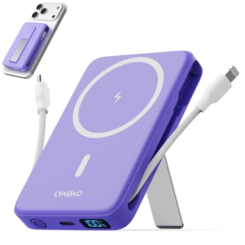 Magnetic Portable Charger 10000mAh, 22.5W Power Bank with Built in Cable - color: purple