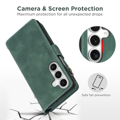 for Samsung Galaxy S24-FE-Wallet Case: with RFID Blocking Card Slots (6 Cards) | Soft PU Leather Magnetic Snap Zipper Pocket | Crossbody Wrist Strap Protective Phone Cover - Green - color: Green, size: Galaxy S24 FE（6.7‘’）