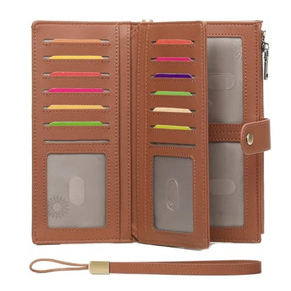 GAEKEAO Wallets for Women Leather RFID Blocking Large Capacity Card Case Ladies Wristlet Clutch Wallets Zipper Pocket with 4 ID Windows 21 Card Slots - color: White-Brown
