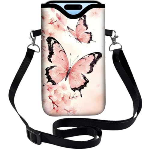 Pink Phone Sleeve with Adjustable Strap Neck Lanyard Fits Most Smartphones, Waterproof Phone Pouch Butterflies Flower Pattern Neoprene Nylon Phone Bag Carrying Case for Women 7.1 x 3.9 Inch - color: Butterfly-2