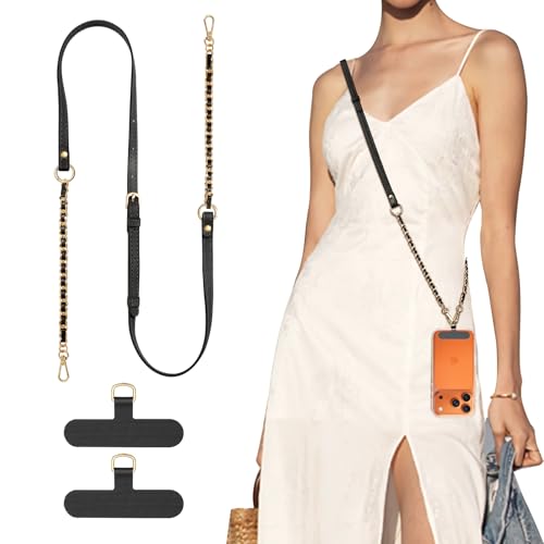 TiMOVO 2-in-1 Phone Lanyard Crossbody, Adjustable Phone Strap for Most Smartphones, PU Strap Combo with Metal Chain for Women - color: Black