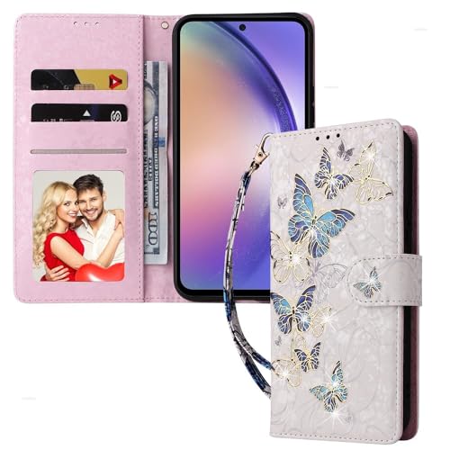 UEEBAI Wallet Case for Samsung Galaxy A35 5G, PU Leather Phone Case Kickstand RFID Blocking Flip Case Card Slots Wrist Strap Relief Engraved Pattern Magnetic Closure Folio Case - Blue Butterfly - color: Blue Butterfly