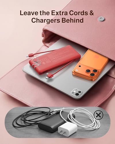 charmast 10000mAh Portable Charger with Built-in Cables and AC Wall Plug - color: Red