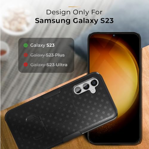 MOTIVE for Samsung Galaxy s23 Case with Belt Clip, Rigid, Kickstand | 6.1" | Ranger v1 Series, Black, 360° holster, open-top/open-bottom port access, textured grip, slim design - size: S23
