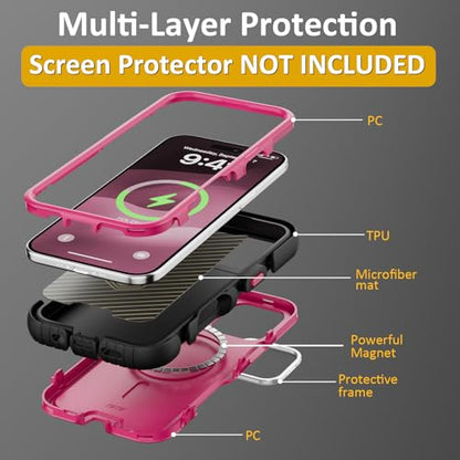Follaroma Magnetic for iPhone 17 Case with Camera Stand, Hot Pink, 6.3" | Built-in Glass Camera Cover,Compatible with MagSafe,Heavy Duty Shockproof Protective,Military-Grade Anti-DropDual Layer Cover - color: Hot Pink, size: iPhone 17 6.3''