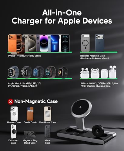 Mukiya 3 in 1 Magnetic Wireless Charging Station for Apple Devices (Black)