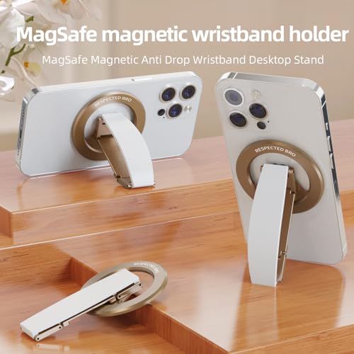 RESPECTED-BRO-Magnetic-Phone-Grip-Stand, Magnetic Phone Ring Holder Kickstand with Silicone Finger Strap, Compatibility for iPhone 17/16/15/14/13/12, Android, and More (White) - color: White