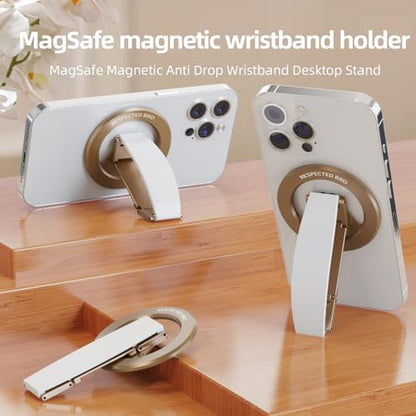 RESPECTED-BRO-Magnetic-Phone-Grip-Stand, Magnetic Phone Ring Holder Kickstand with Silicone Finger Strap, Compatibility for iPhone 17/16/15/14/13/12, Android, and More (White) - color: White