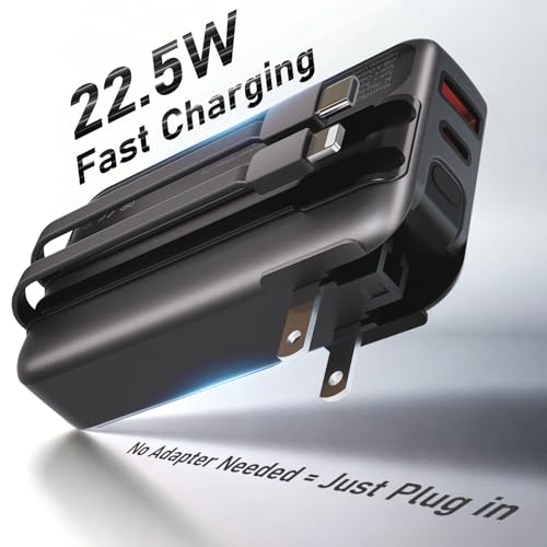 Portable Charger with Built-in Wall Plug and Cables, 22.5W Fast Charging Power Bank, USB-C and Lightning Cables, 4-Device Travel Battery Pack for iPhone, Samsung and iPad - color: Black