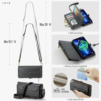 Strapurs Wallet Case Compatible with iPhone 13 Pro Max RFID Blocking 10-Card Holder Soft PU Leather Magnetic Snap Shoulder Strap Zipper Pocket Phone Case Fit for iPhone 13 Pro Max - Black | RFID Blocking 10-Card Holder, Shoulder Lanyard, Wirst Strap, Zipp