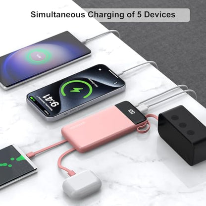 Portable Charger Built-in Cables,10000mAh Fast Charge Power Bank for iPhone - color: Pink