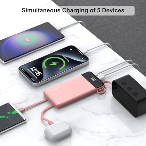 Portable Charger Built-in Cables,10000mAh Fast Charge Power Bank for iPhone - color: Pink