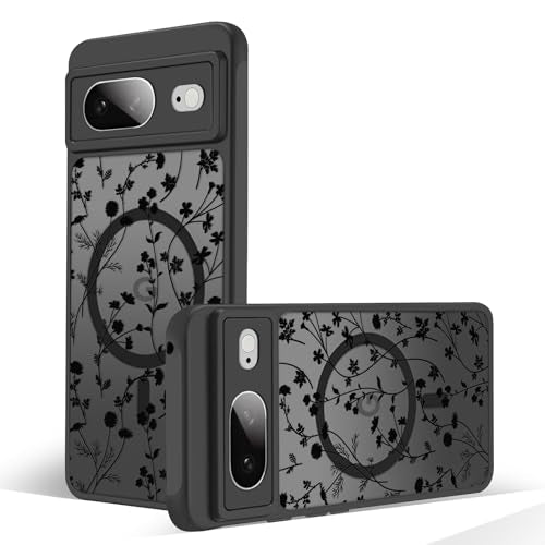 Magnetic Case for Google Pixel 8 [Compatible with MagSafe] Cute Black Flower Floral Pattern Case for Women Girls Soft TPU Bumper Hard PC Back Anti-Fall Shockproof Protective Slim Cover A9 - color: Flower Branch 2, size: Google Pixel 8