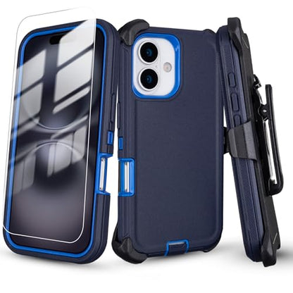Defender for iPhone 16 Case with Belt Clip, Screen Protector Included | Military Grade Drop Protection, Rugged Shockproof Anti-Drop Full Body Protective Case for iPhone 16 6.1 Inch, Navy Blue - color: Navy+Blue