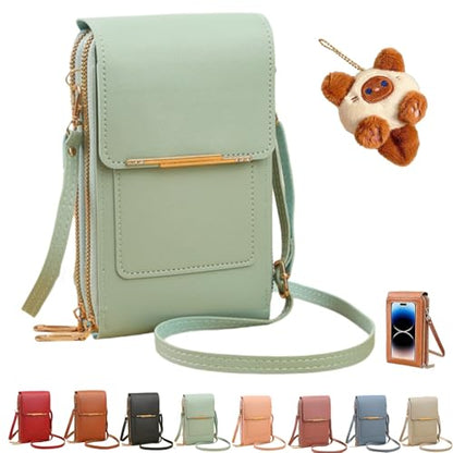 Women's Touch Screen Mobile Phone Messenger Bag,Anti-Theft Mobile Leather Bag,Leather Waterproof Crossbody Wallet Purse - color: Light Green