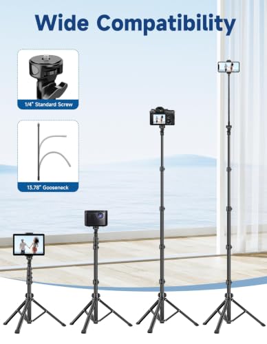 Phone Tripod Stand, 85" Tall Cellphone Tripod for iPhone with Gooseneck