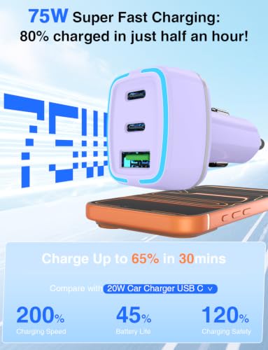 75W USB C Car Charger, 3-Port Super Fast Charging Cigarette Lighte - color: Purple