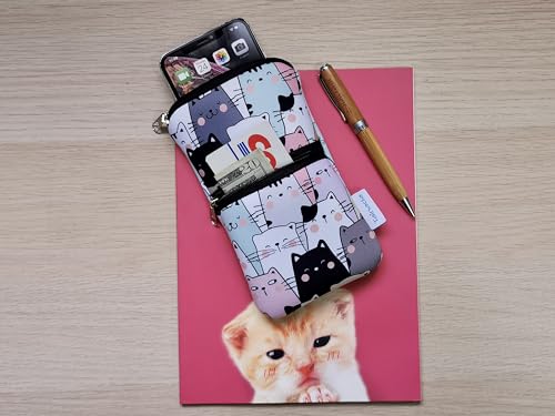 Tainada 2-Zip Neck Phone Pocket Bag w/Belt Loop (Doodle Cats Style 1) | For Men/Women; Water-resistant neoprene pouch, shockproof, lightweight, w/carabiner; Compatible with most of smartphones - color: Doodle Cats Style 1