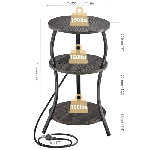 YEAKOO Small Side Table with Charging Station,3-Tier Round end Table - color: Grey, style: USB Charger
