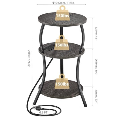 YEAKOO Small Side Table with Charging Station,3-Tier Round end Table - color: Grey, style: USB Charger