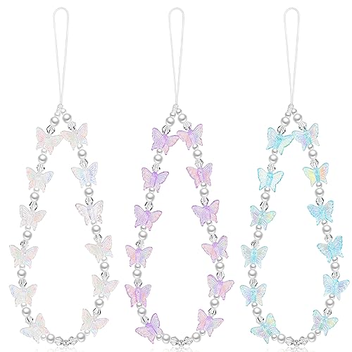 Ecally 3 Pcs Beaded Phone Charm Wrist Strap Y2K, Vivid Color, Butterfly