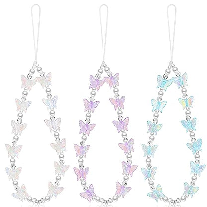 Ecally 3 Pcs Beaded Phone Charm Wrist Strap Y2K, Vivid Color, Butterfly