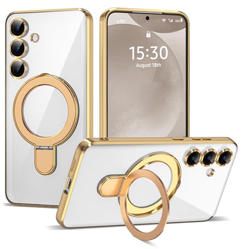 Compatible with Samsung Galaxy S24 Case with Magnetic Ring Stand [Compatible with Mag-Safe] Camera Lens Protector Plating Clear Phone Case for Samsung S24 6.2", Gold - color: Gold, size: Samsung Galaxy S24