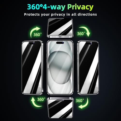 Pokolan [2 Pack] Privacy Screen Protector for iPhone 15,360 Degree 4-way Anti-Spy Tempered Glass Film Case Friendly, Bubble Free, 9H Full Coverage