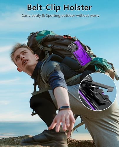 FNTCASE for iPhone 15 Pro Case with Belt Clip, Rugged Kickstand | Built-in Screen Protector, Military-Grade Drop Protection, Heavy Duty Shockproof Holster Protective Cover - color: T-Purple