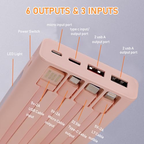 Portable Charger with Built in Cables,10000mAh Power Bank with LED Lamp Fast Charging 3.0 USB C External Battery Pack Phone Charger with LED Display for iPhone, Samsung and Cell Phones (Pink) - color: Pink